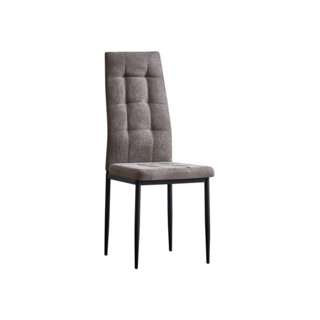 silla comedor tapizada tela Skye en gris claro, respaldo alto con capitoné y patas negras
