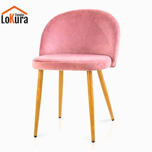 Silla Norway rosa tapizada con respaldo envolvente y patas de acero efecto madera