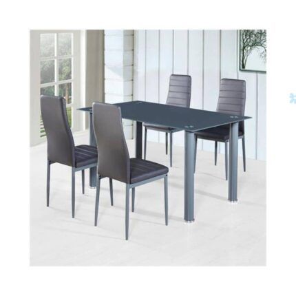 Conjunto de mesa y 4 sillas Basic con tapa de cristal negro y sillas tapizadas en polipiel gris