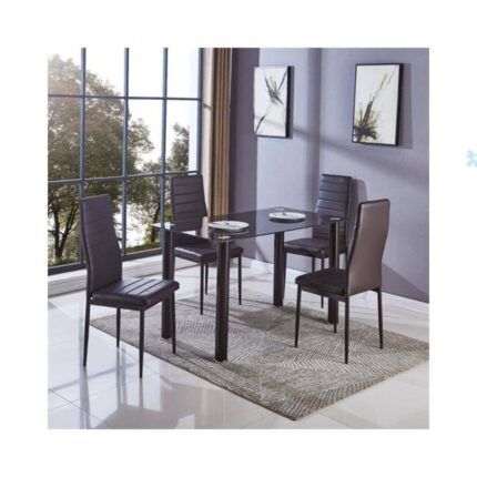 Conjunto mesa y 4 sillas comedor con cristal negro y sillas de polipiel marrón modelo Basic