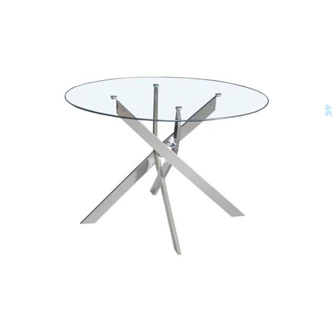 mesa de comedor redonda 110cm Man con tapa de cristal templado de 10 mm y patas de acero cromado de alto brillo