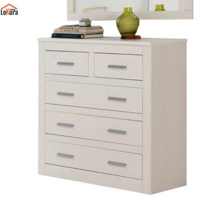 Cómoda de 5 cajones Nevada en madera de pino blanca, ideal para dormitorios modernos - Tienda Lokura