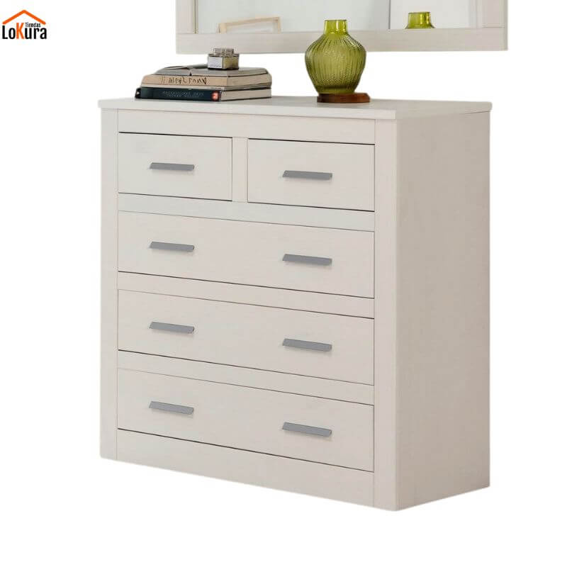 Cómoda de 5 cajones Nevada en madera de pino blanca, ideal para dormitorios modernos - Tienda Lokura