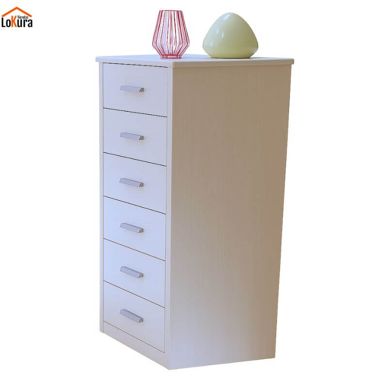 Mueble sinfonier blanco de madera de pino maciza, 6 cajones, colección Nevada
