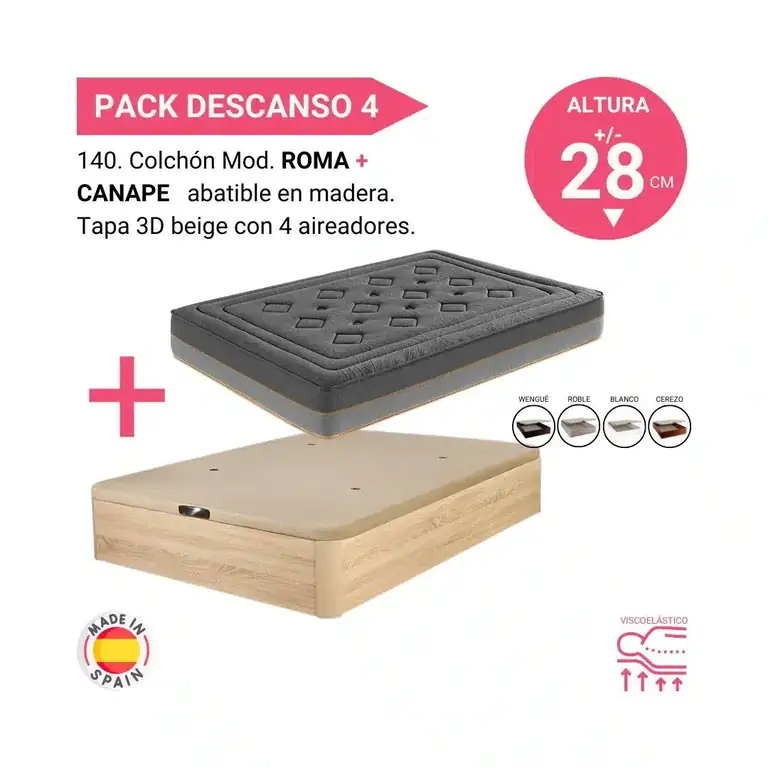 Pack descanso canapé y colchón Roma con tapa 3D beige y altura 28 cm