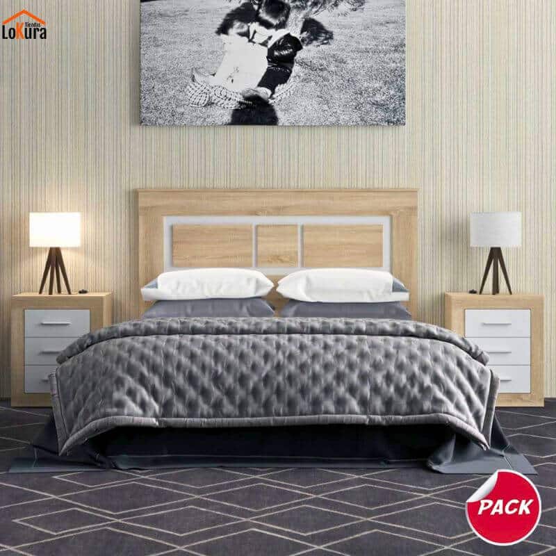Conjunto de cabezal y mesitas de noche Sara en color Cambrian y blanco, con diseño nórdico, ideal para dormitorios modernos en Canarias