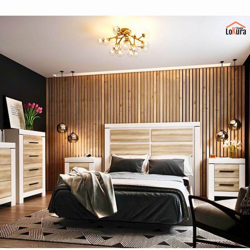 Colección de dormitorio Belén en blanco y madera con cama, cabecero, sinfonier 4 cajones, cómoda y mesitas a juego