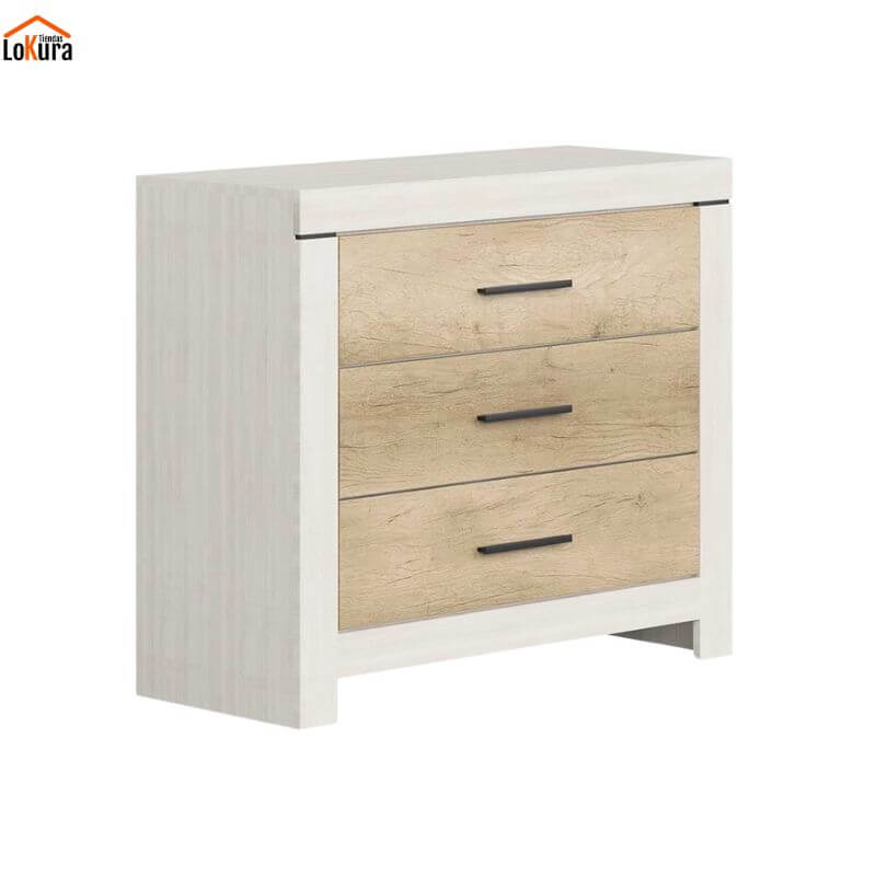 Cómoda 3 cajones BELEN en color blanco y trufa, diseño moderno ideal para dormitorios luminosos