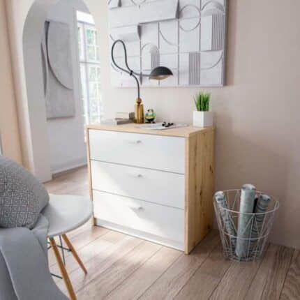 Cómoda 3 cajones con mesa extensible, medidas 86x90x45 cm, en color roble y blanco artik, diseño funcional y moderno