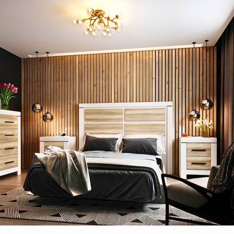 Dormitorio con Mesita de noche 2 cajones modelo Belén en color trufa cañón blanco, diseño compacto