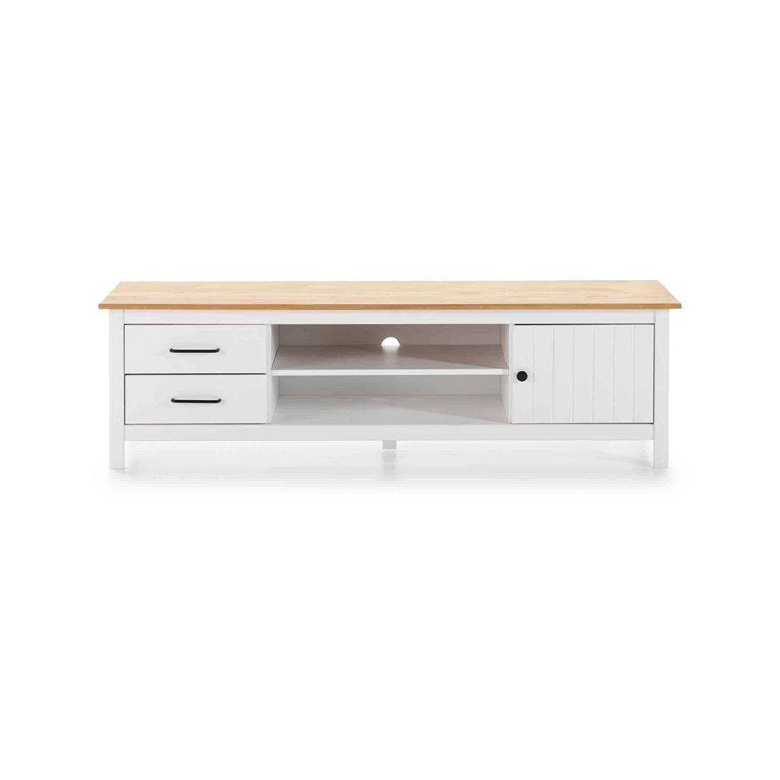 Mueble de TV 2 cajones 1 puerta Miranda. Diseño nórdico, con cajones y puerta abatible en madera de pino