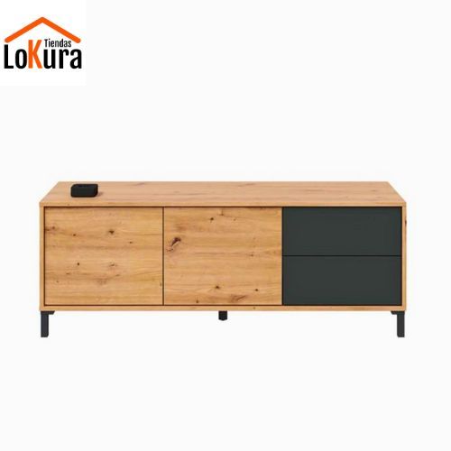 Mueble tv 2 puertas en gris antracita y detalles en roble nodi, con amplio espacio de almacenamiento y diseño minimalista.
