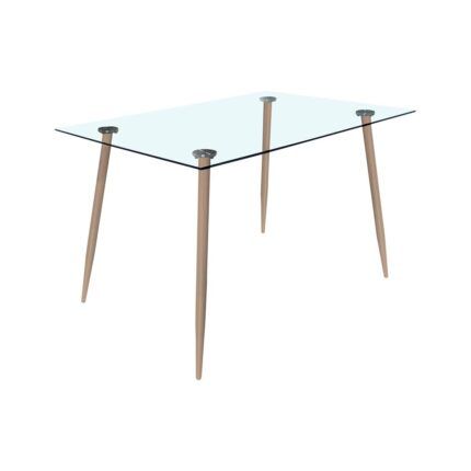 Mesa Rectangular Cristal Tasmania con patas en roble – mesa de vidrio templado rectangular, patas en acabado de roble natural, ideal para añadir calidez y un toque rústico al comedor.
