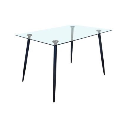 Mesa Rectangular Cristal Tasmania con patas negras – mesa de comedor de cristal templado rectangular, patas de metal en color negro, diseño moderno y elegante