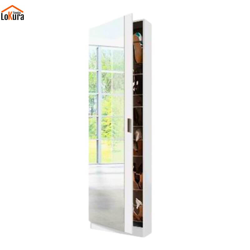 Zapatero alto con puerta de espejo blanco para dormitorio o entrada
