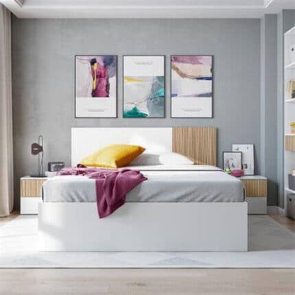 Cabecero de cama y dos mesitas de 160 cm en blanco y roble, con cajones y diseño moderno