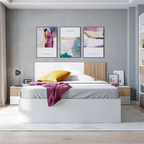 Cabecero de cama y dos mesitas de 160 cm en blanco y roble, con cajones y diseño moderno