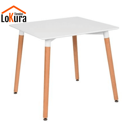 mesa cocina cuadrada 80x80 de madera estilo nórdica, tapa blanca y patas color madera natural