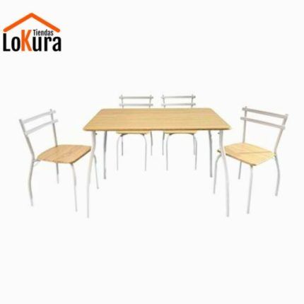 Comedor pequeño 4 sillas barato, mesa y sillas en combinación de tablero color madera y estructura blanca, estilo moderno