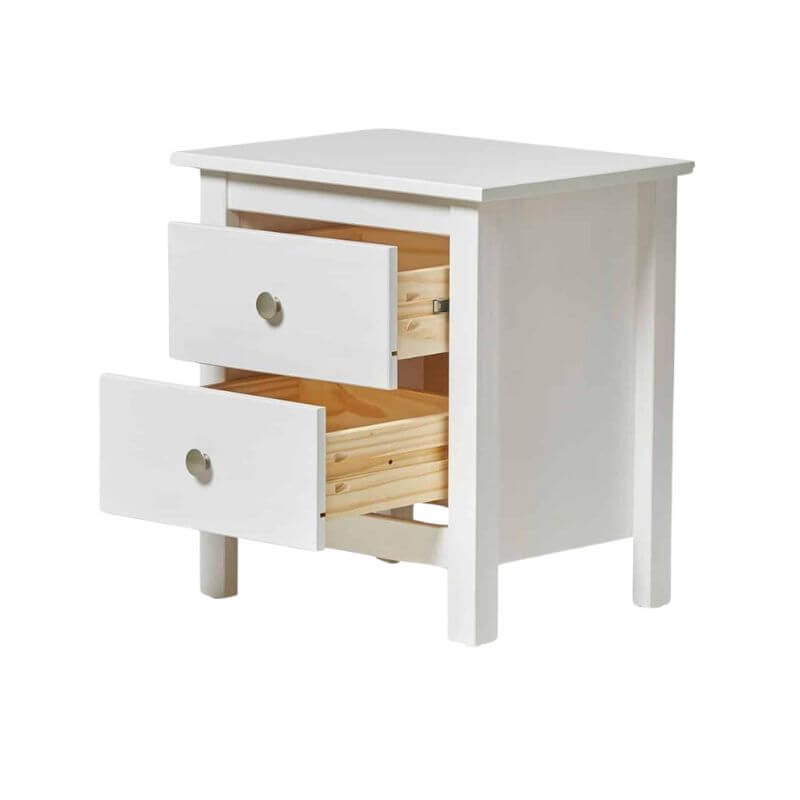 mesita de noche dos cajones blanca – vista lateral con cajones abiertos e interior en madera de pino natural