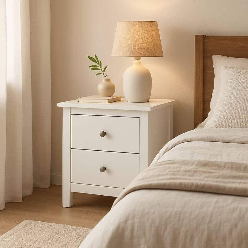 mesita de noche dos cajones blanca – en dormitorio acogedor con luz natural, cama de madera y decoración neutra