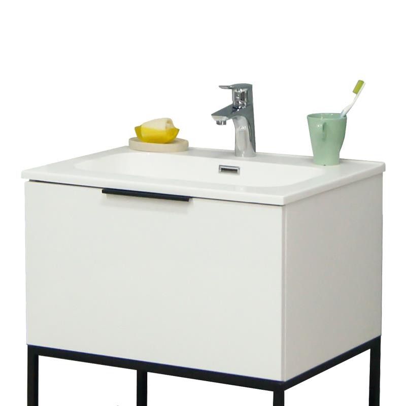 Mueble baño blanco de 60 cm, diseño moderno suspendido y estructura metálica, ideal para espacios pequeños.