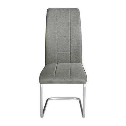 Sillas comedor patas acero en color gris con respaldo alto acolchado, líneas horizontales ergonómicas y tapizado resistente al desgaste.