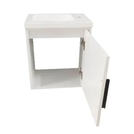Lavabo flotante pequeño Serie Ara con puerta abierta y espacio interior de almacenaje