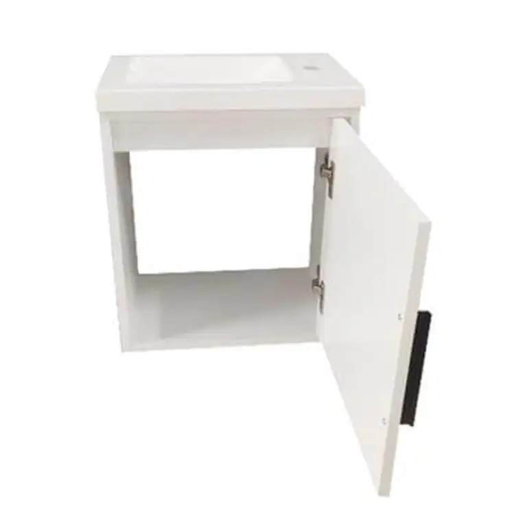 Lavabo flotante pequeño Serie Ara con puerta abierta y espacio interior de almacenaje