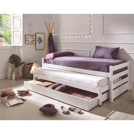 Cama nido doble en color blanco de madera de pino y cajón de almacenamiento