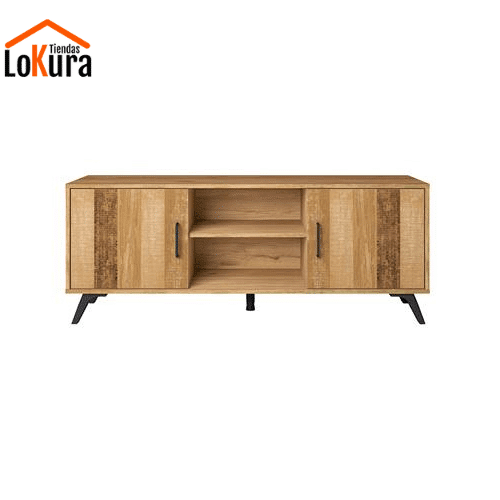 Mueble de Madera para Tele Nordic con dos puertas y huecos de almacenamiento, perfecto para televisores de diferentes tamaños.