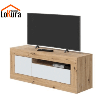 Mueble TV 140 cm moderno en Blanco Artik con Roble Nodi, diseño elegante con almacenamiento