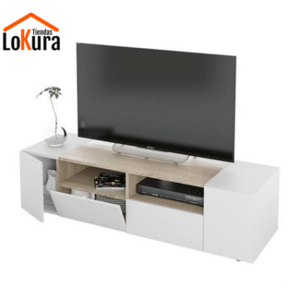 Mueble tv blanco y roble con seis compartimientos, acabado en melamina blanco Artik y roble canadiense