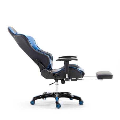silla gamer con reposapiés negra y azul, reclinable 180°, con reposapiés, reposabrazos 2D y ruedas de PU resistentes