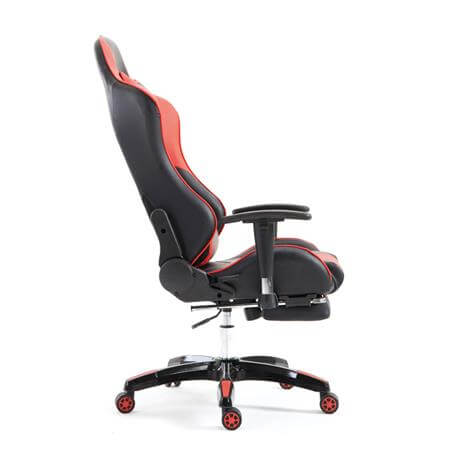 Silla gamer negra y roja, reclinable 180°, con reposapiés, reposabrazos ajustables, piel sintética transpirable y ruedas de PU.