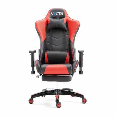 Silla gaming negra y roja, ergonómica con base de nylon, pistón de gas clase 3 y reposapiés integrado para mayor comodidad