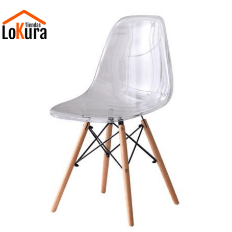 Silla transparente de comedor con patas de madera y diseño nórdico