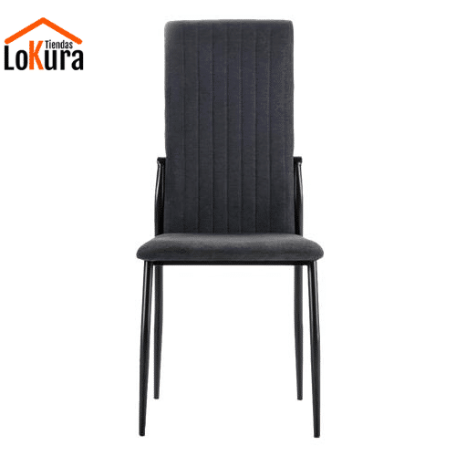 Silla acolchada Nuba con tapizado en gris oscuro, diseño elegante con patas metálicas negras