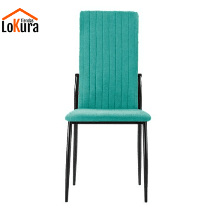 Silla acolchada Nuba con respaldo alto y tapizado en verde agua, patas metálicas negras
