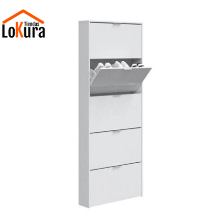 Zapatero estrecho 17 cm con 5 puertas abatibles y capacidad para 15 pares de zapatos acabado en blanco brillo