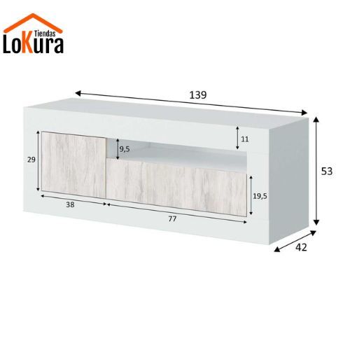 Mesa para tv madera con dos puertas, hueco pasa cables y acabado en melamina Blanco Velho y Blanco Artik