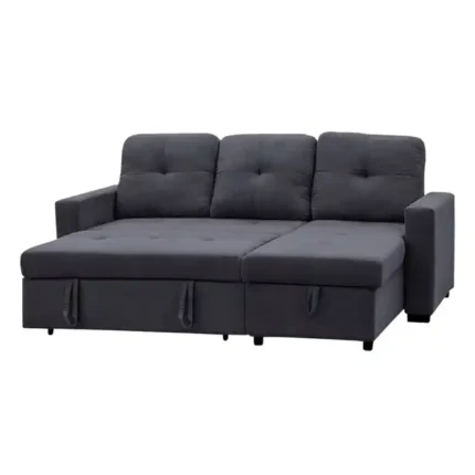 sofá chaise longue cama y arcón Clony en color gris oscuro abierto