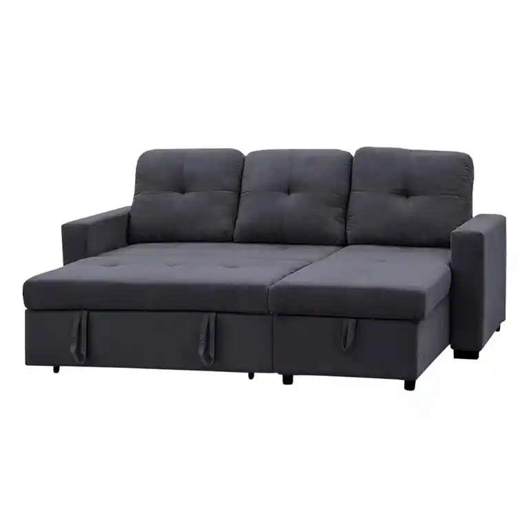 sofá chaise longue cama y arcón Clony en color gris oscuro abierto
