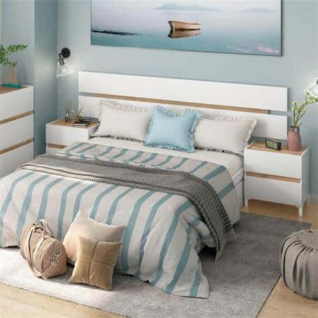 cabecero cama 150 con mesitas integradas en blanco y roble con diseño moderno
