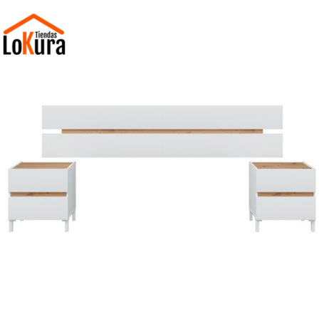 Cabecero 2 mesitas en blanco y roble, diseño moderno con cajones para cama de 150 cm en dormitorios de Canarias