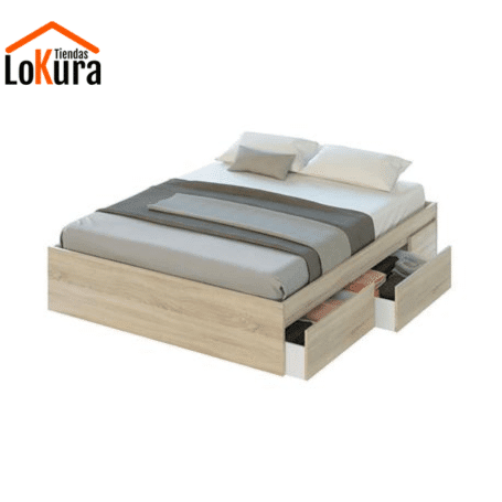 Cama matrimonio 150x190 con cajones de almacenaje en color roble – Diseño moderno y funcional