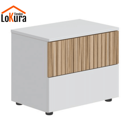 Mesita noche 2 cajones blanca y madera vista frontal con diseño compacto y lamas verticales efecto madera