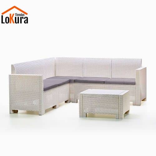 conjunto rinconera exterior de rattan blanco