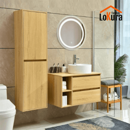 muebles de madera para baño modernos, mueble suspendido de madera haya, espejo LED y lavabo redondo sobrepuesto