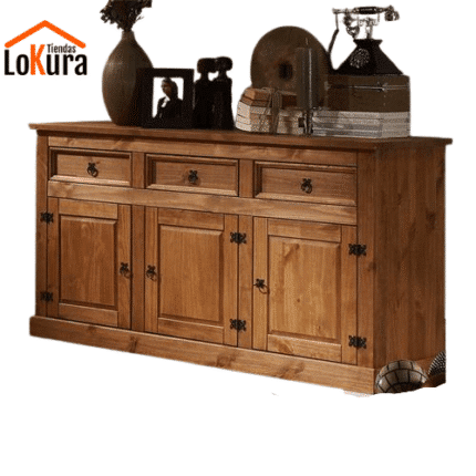 Aparador de salón madera rústico estilo mexicano, fabricado en madera maciza de pino con acabado encerado, tres puertas y tres cajones para almacenamiento, diseño auténtico de la serie Veracruz